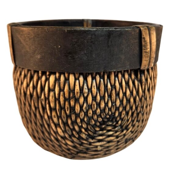 Vintage Hand-Woven Wicker & Wood Small Round Basket Decor Storage Organizer - Picture 1 of 10